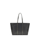 The Rockstud Tote Bag by Valentino Garavani in black calfskin with studded straps and a sleek design.