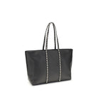 The Rockstud Tote Bag by Valentino Garavani in black calfskin with studded straps and a sleek design.